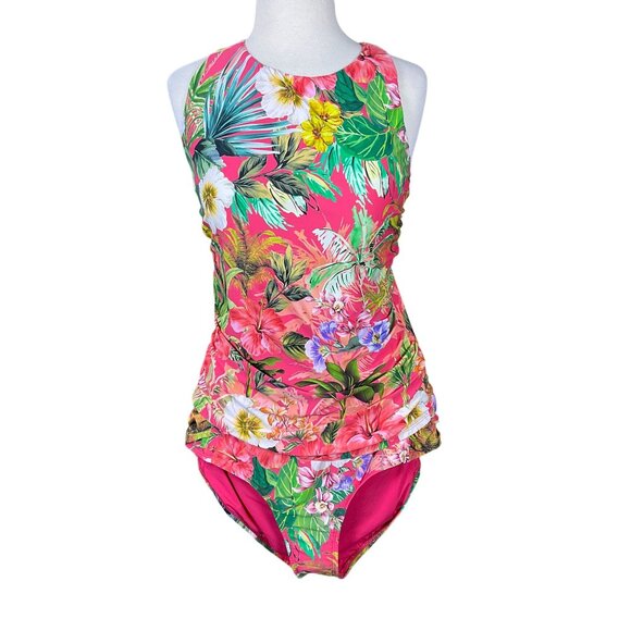 Jantzen Nora High Neck Bright Colorful Tropical Floral Tankini Set Sz 18 NWT - Picture 1 of 14